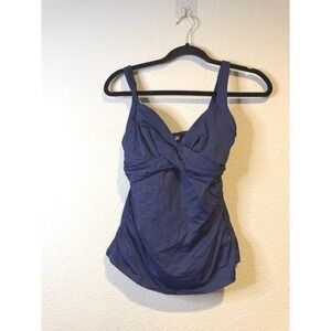Lands End Navy Blue Tankini top Women V-Neck Wrap Front Ruched Sz 2
